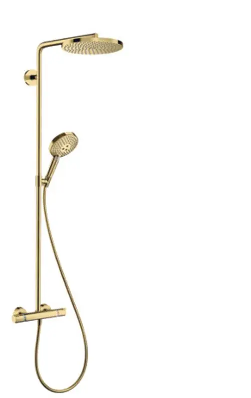 Hansgrohe Duschsystem mit Kopf- und Handbrause, verchromter Oberfläche und Thermostat, auf Wand montiert, für die Dusche.